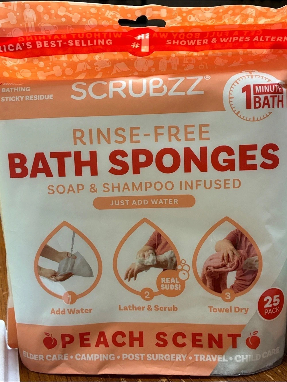 2X Scrubzz Rinse-Free Bath Sponges Peach Scented 25 Pack